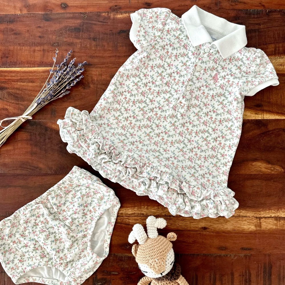 Ralph Lauren Ruffled Polo Dress & Bloomer white floral 9 Months